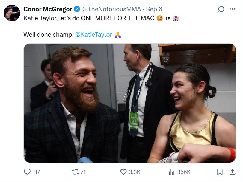Conor McGregor instagram post on Katie Taylor